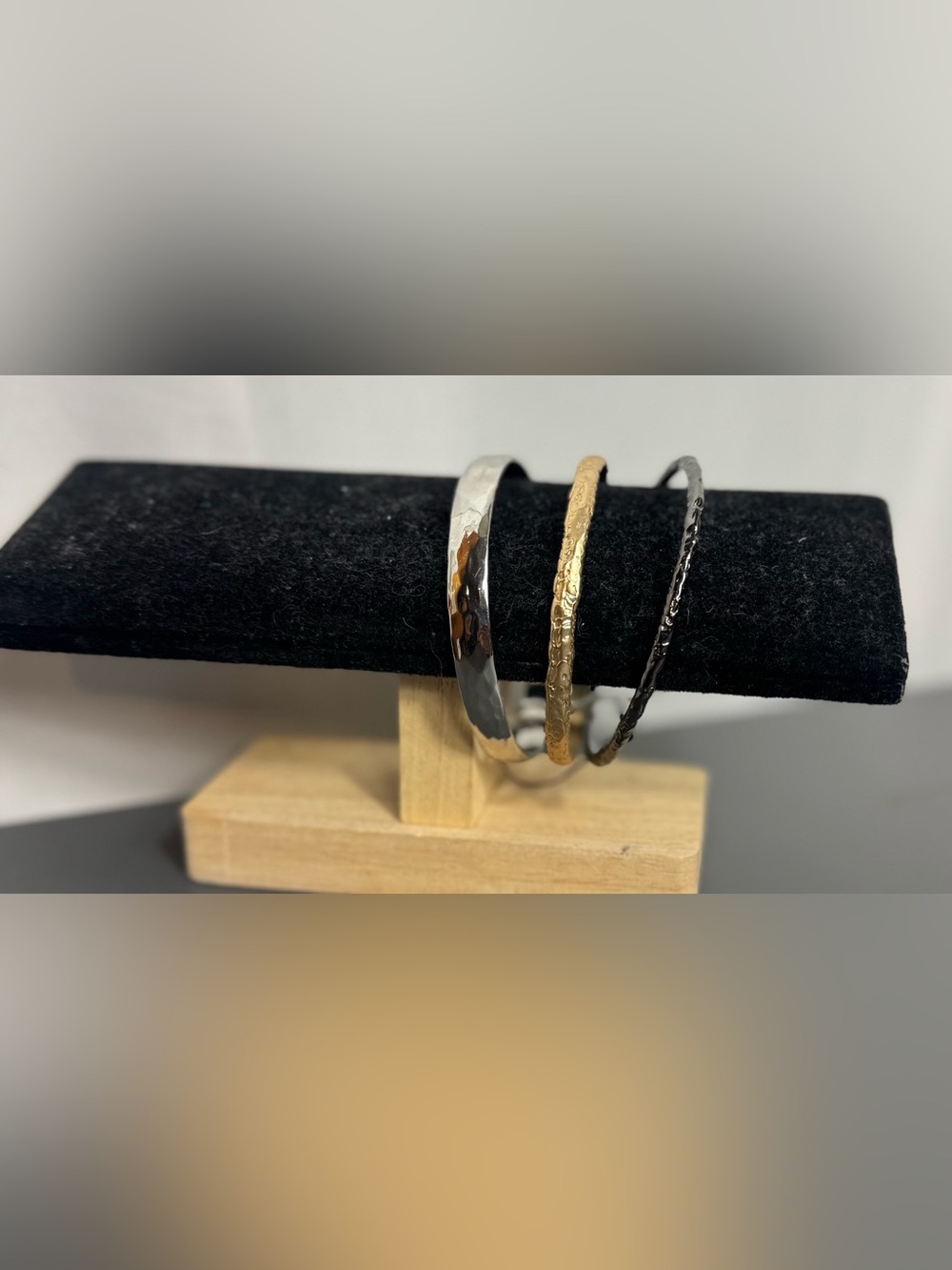 Three-Stack Hammered Bangle Bracelet Set - Silver, Gold, Black NWT